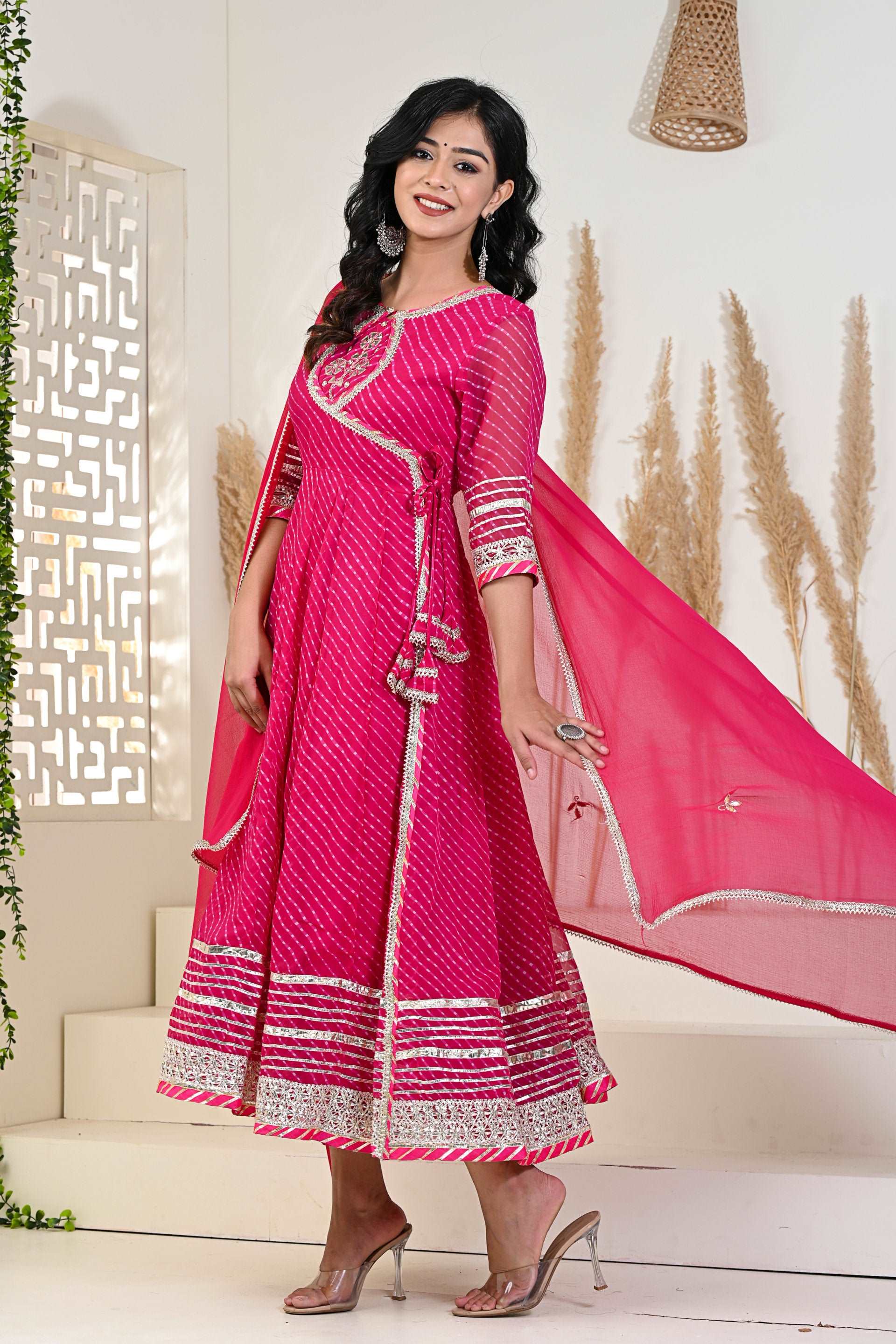 Pink Mothda/Lahariya Angrakha Kurti