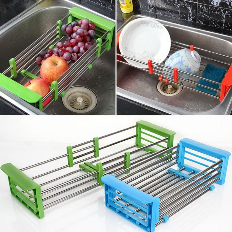 Stainless Steel Adjustable Telescopic Kitchen Over Sink Dish Drying Rack Insert Storage Organizer Fruit Vegetable Tray Drainer