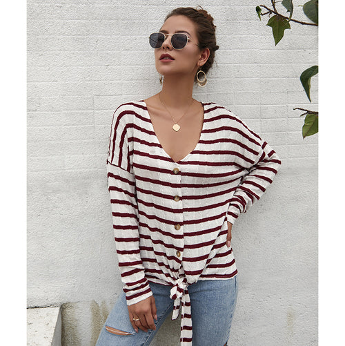 V-neck Striped Long Sleeve Knitwear