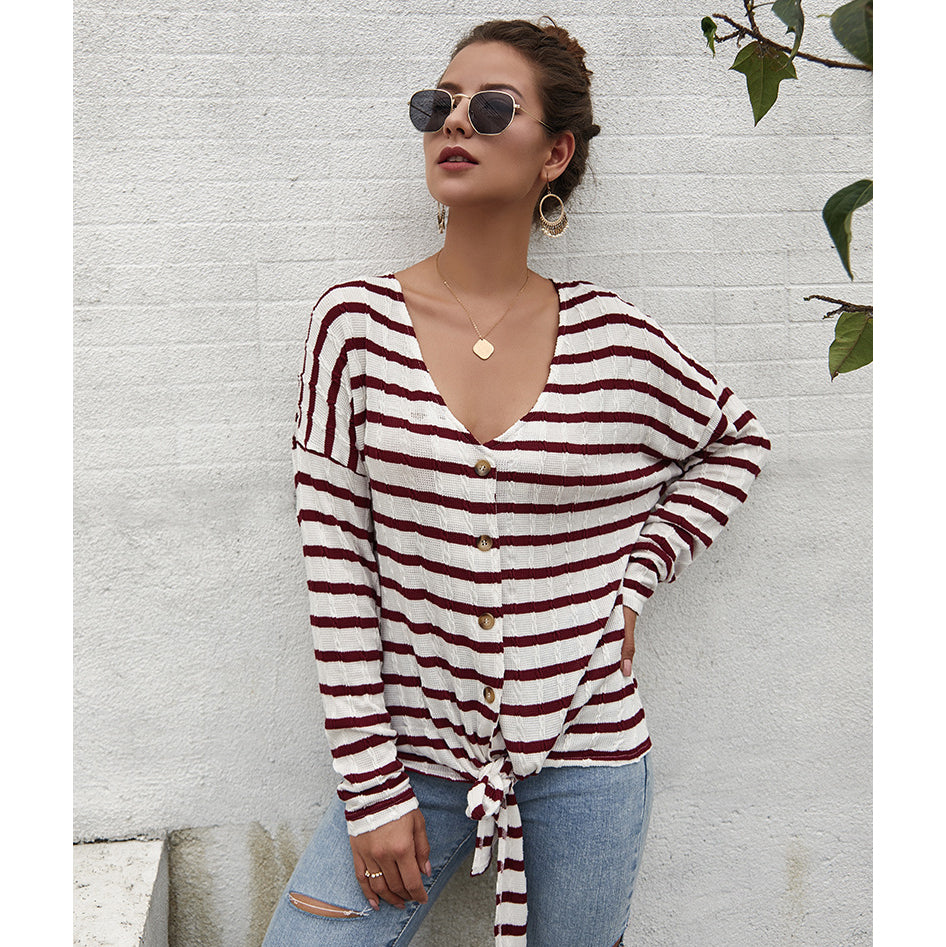 V-neck Striped Long Sleeve Knitwear