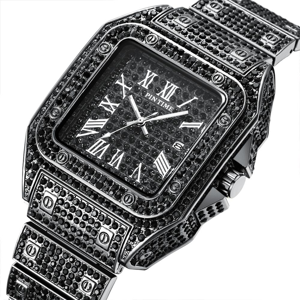 Hip Hop Iced Out Men Watch Square Diamond Quartz Luxury Mens Wrist Watches Gold Roman Calendar Steel Clock Relogio Masculino