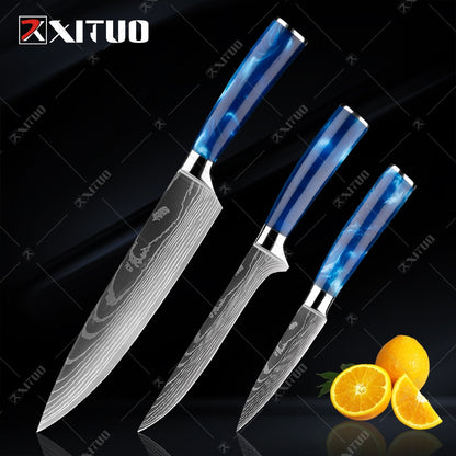 XITUO kitchen knives Set Exquisite blue resin handle Laser Damascus pattern Chef knife Santoku Cleaver Slicing Knives Best Gift