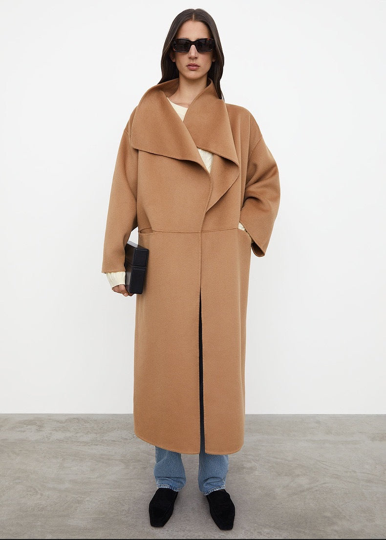 Lapel Coat Same Style Minimalist Double-sided Wool Cashmere Side Split Long Coat For Women