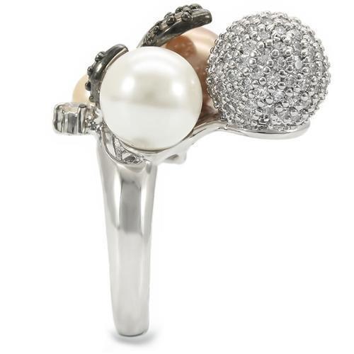 0W296 - Rhodium + Ruthenium Brass Ring with Synthetic Pearl in Multi