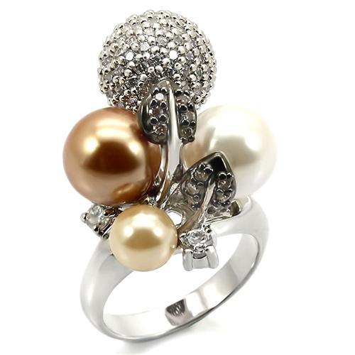 0W296 - Rhodium + Ruthenium Brass Ring with Synthetic Pearl in Multi