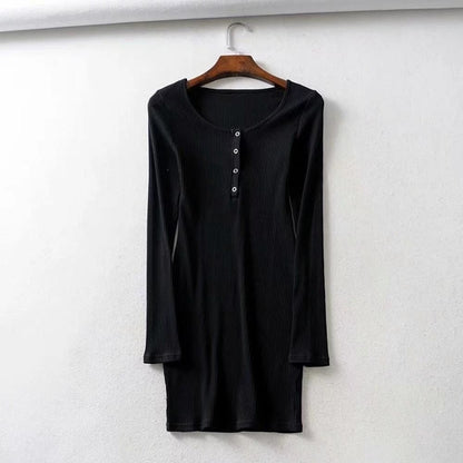 Elegant Long Sleeve Buttons Ribbed Mini Bodycon Dress