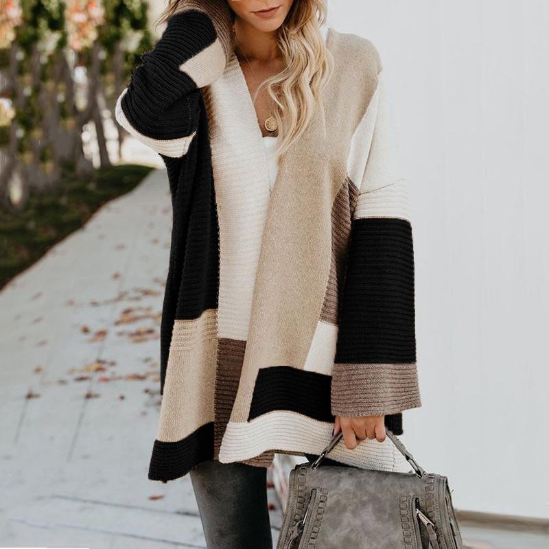 Color Block Long Sweaters Cardigans