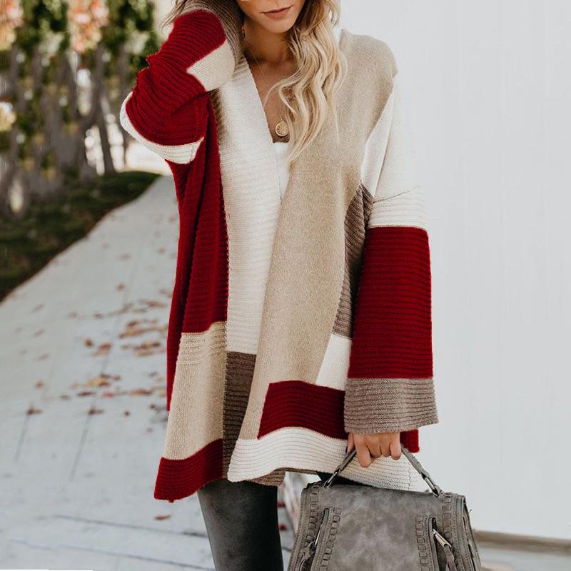 Color Block Long Sweaters Cardigans