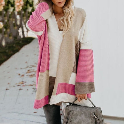 Color Block Long Sweaters Cardigans