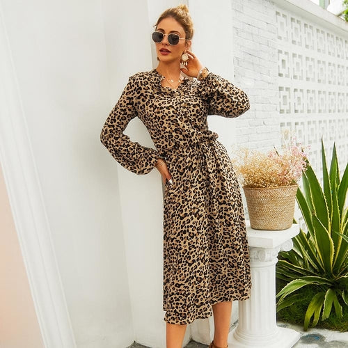 Leopard Printed Long Sleeve Autumn Winter Dress