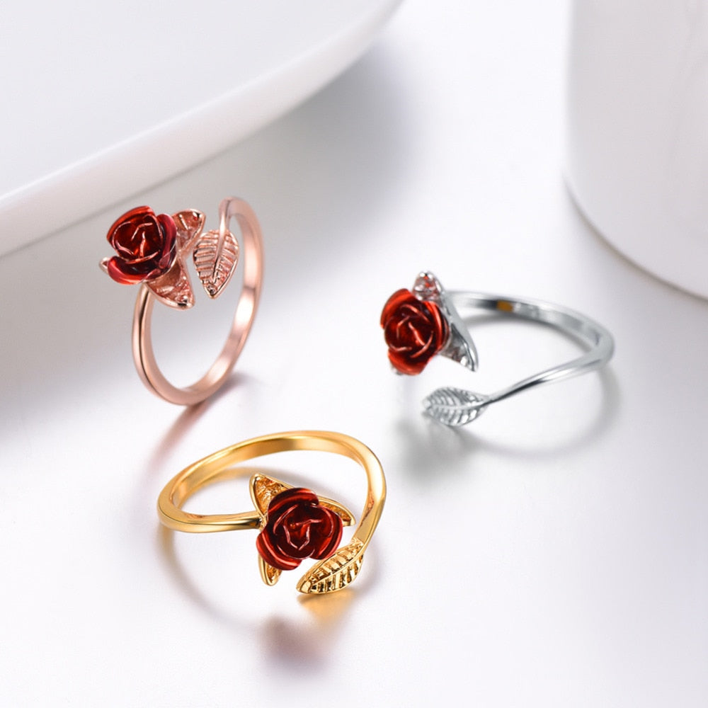 U7 Red Rose Garden Flower Leaves Resizable Finger Rings for Women Valentine&