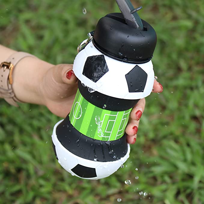 Football Soccer Silicone Water Bottle with Straw Foldable