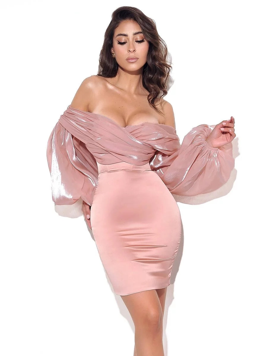 Lantern Sleeve One-Shoulder Slim-Fit Waist Tube Top Dress Female Design Sense Long-Sleeved Sweet Temperament Off-Shoulder Short Skirt