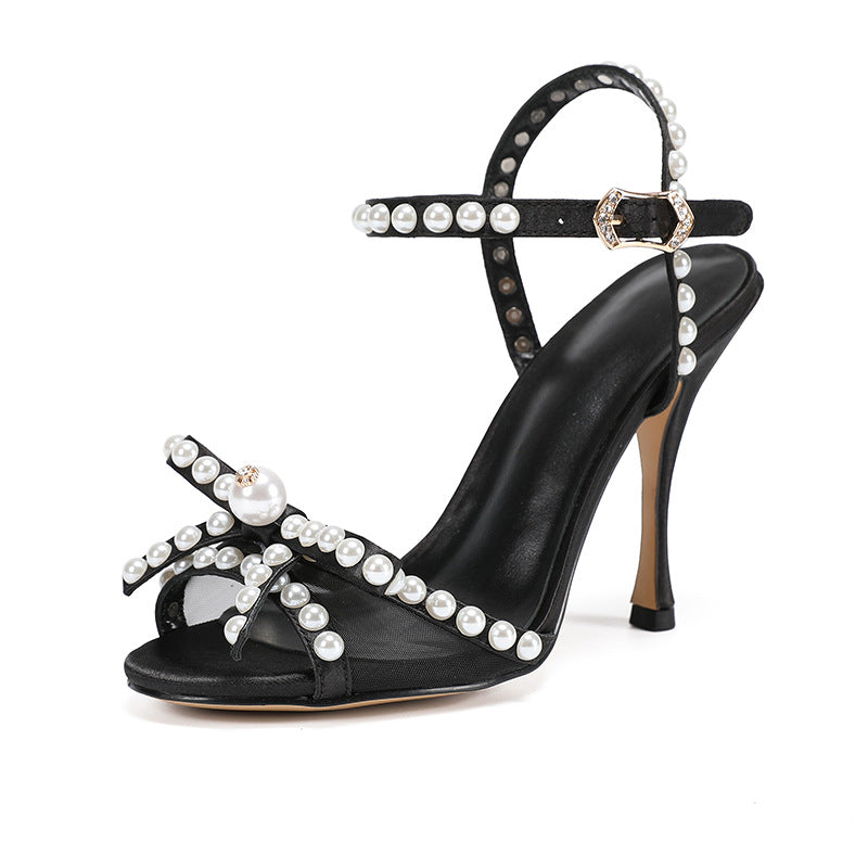 Amazon Hot Sale Pearl Sandals Fashion Bow Stilettos Temperament Buckle Dinner High Heels