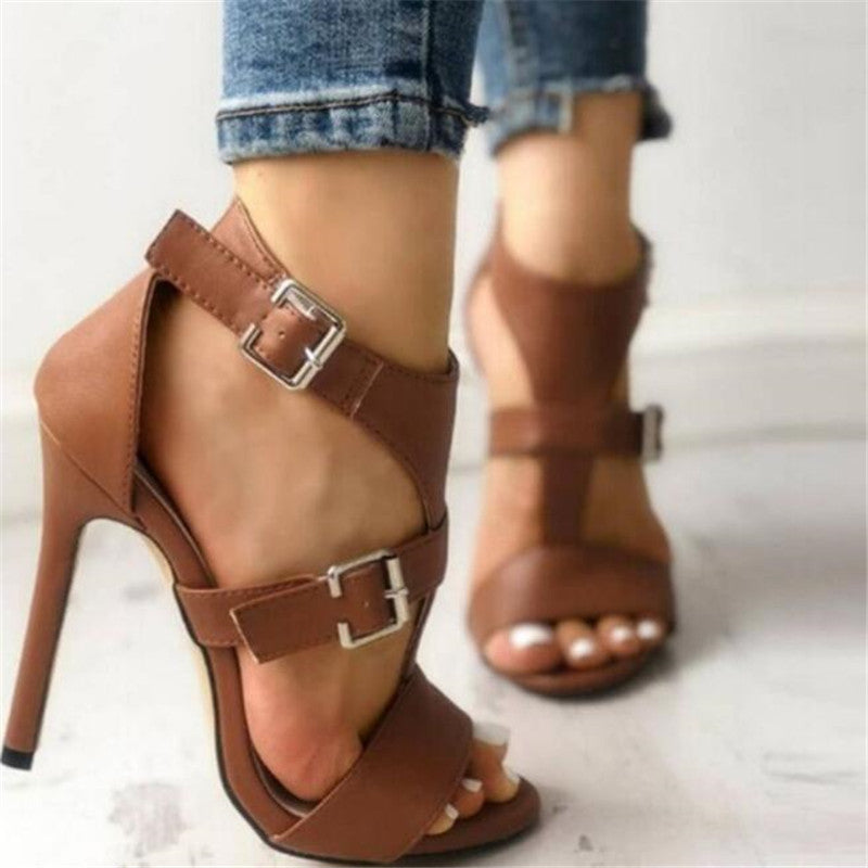 Summer Gladiator Stilettos Leather Peep Toe Ankle Buckle Strap