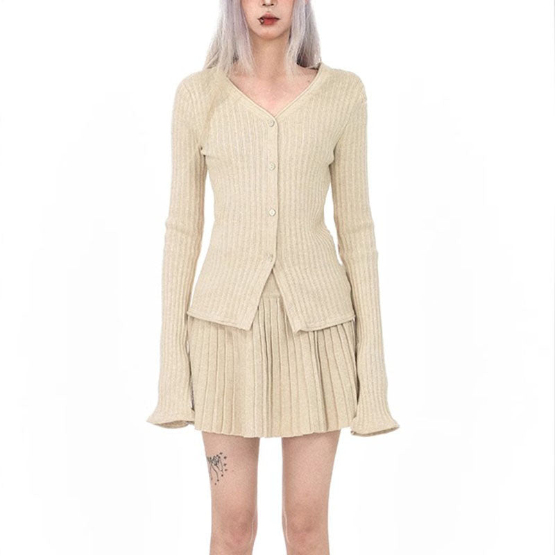 Solid Color Slim Fit Waist Trimming Knitted Cardigan Sweater Loose-fitting Pleated Short Skirt Two-piece Suit