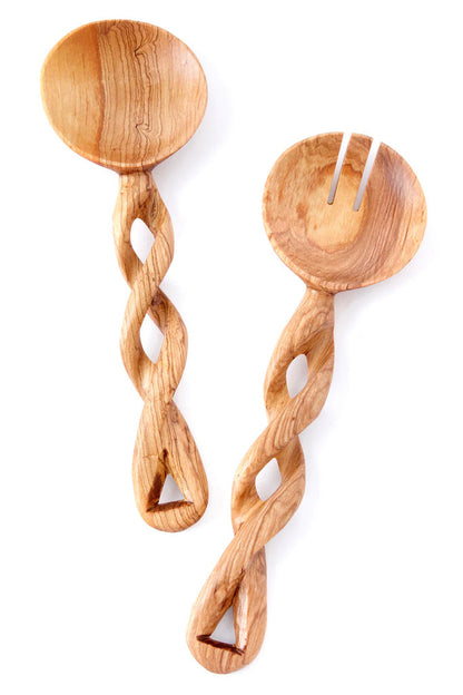 Traditional Twisted wooden Salad Server, African hand curved spoon