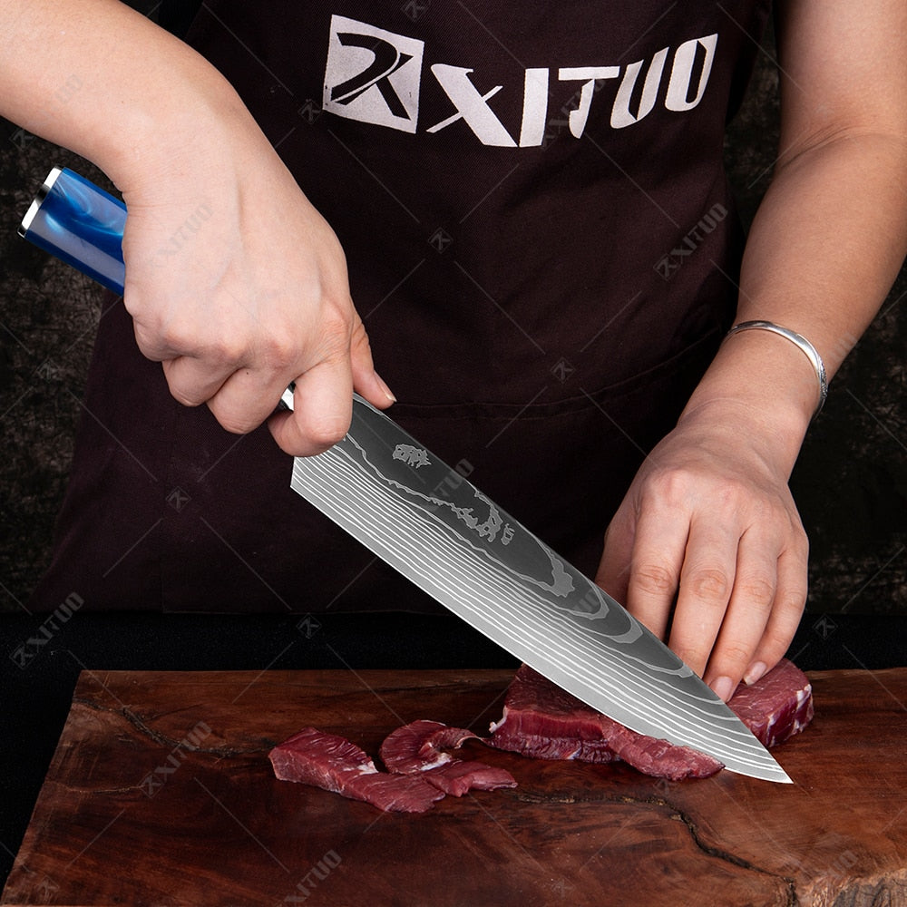 XITUO kitchen knives Set Exquisite blue resin handle Laser Damascus pattern Chef knife Santoku Cleaver Slicing Knives Best Gift