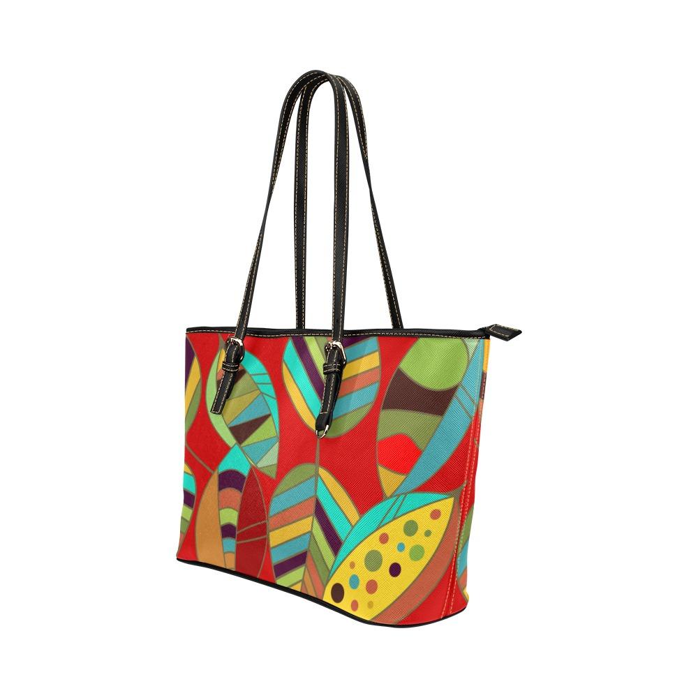 Large Leather Tote Shoulder Bag - Floral Multicolor Illustration