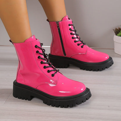 Kunstleer Dr Martens laarzen Dames Britse stijl lakleer platform met veters, halverwege de kuit