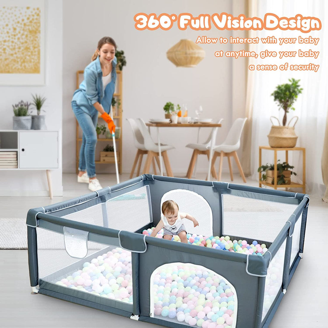 Large Baby Playpen79x71, Extra Large Play Pen For Babies And Toddlers, Play Yard With Gate, Baby Fence With Breathable Mesh, Safety Indoor &amp; Outdoor Activity Center Grey