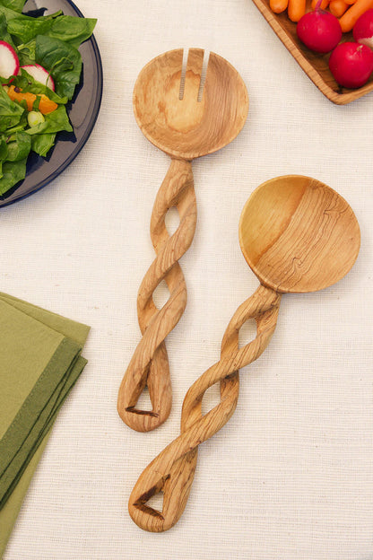 Traditional Twisted wooden Salad Server, African hand curved spoon