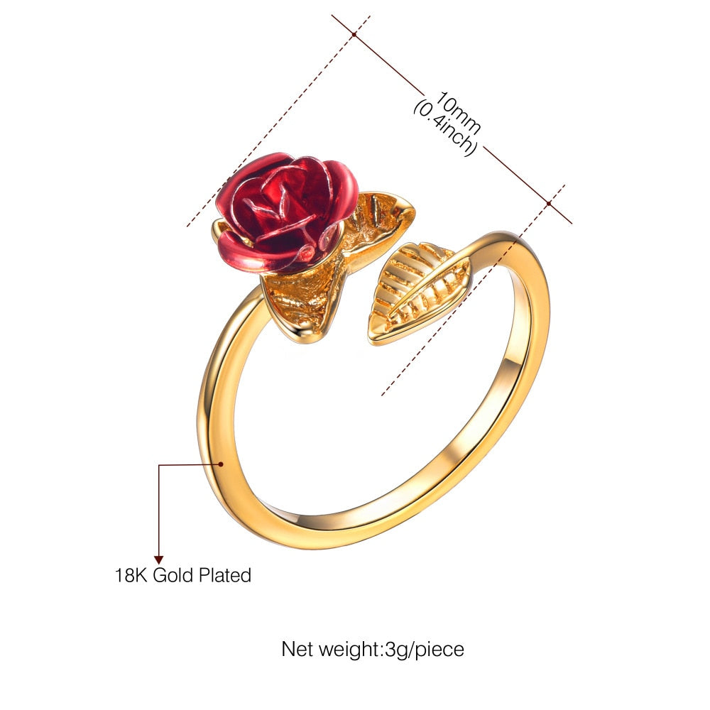 U7 Red Rose Garden Flower Leaves Resizable Finger Rings for Women Valentine&