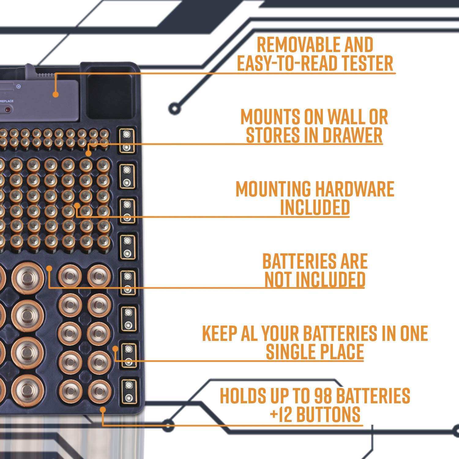 HFES Battery Storage Organizer Holder w/Tester Battery Caddy Rack Case Box Holders Including Battery Checker For AAA AA C D 9V