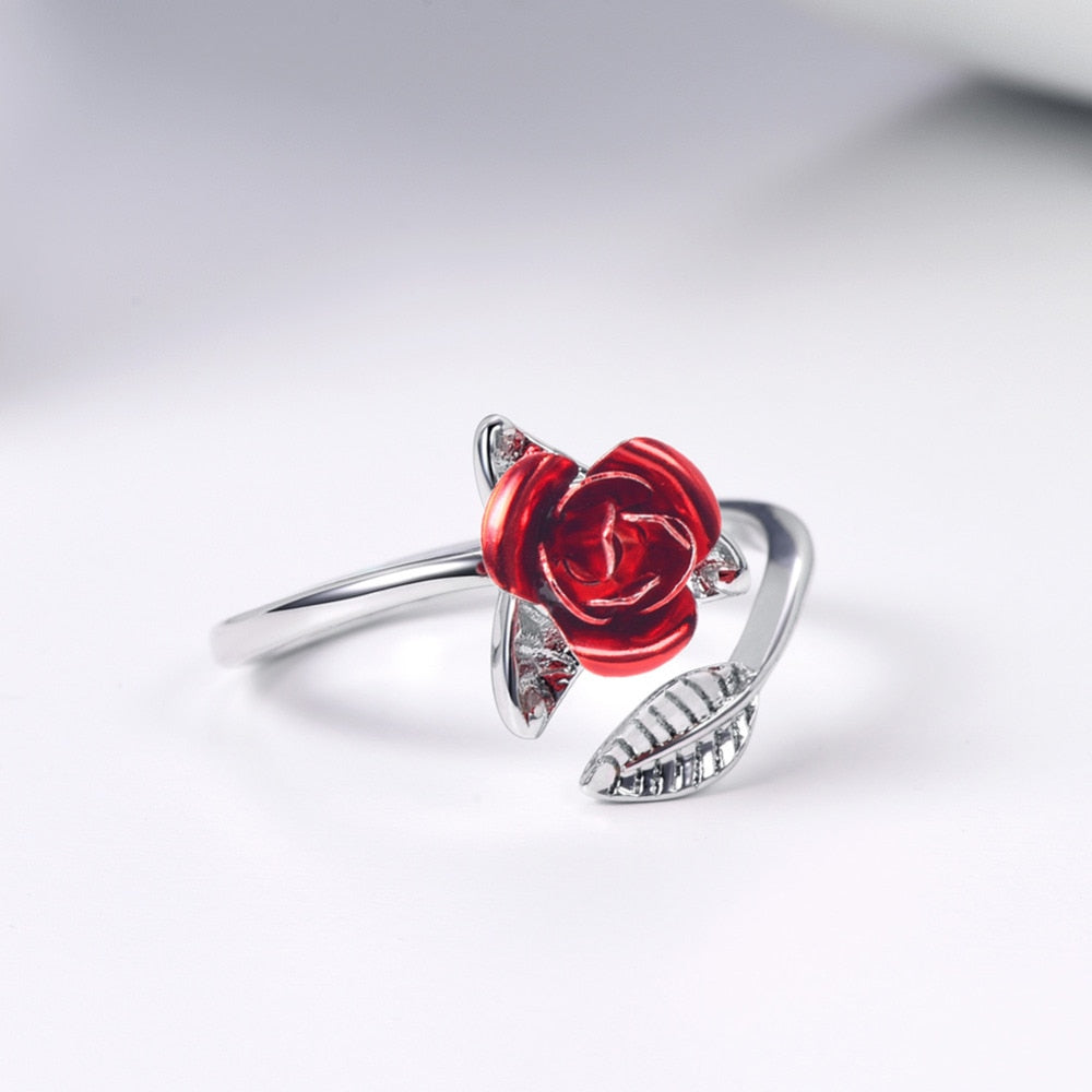 U7 Red Rose Garden Flower Leaves Resizable Finger Rings for Women Valentine&