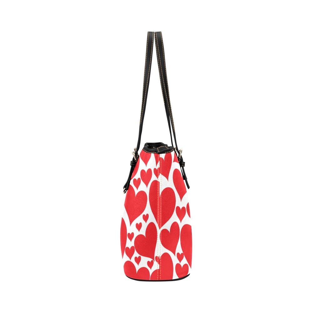 Large Leather Tote Shoulder Bag -  With Black Handle Love Red Hearts