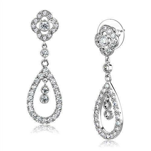 3W1351 - Rhodium Brass Earrings with AAA Grade CZ  in Clear