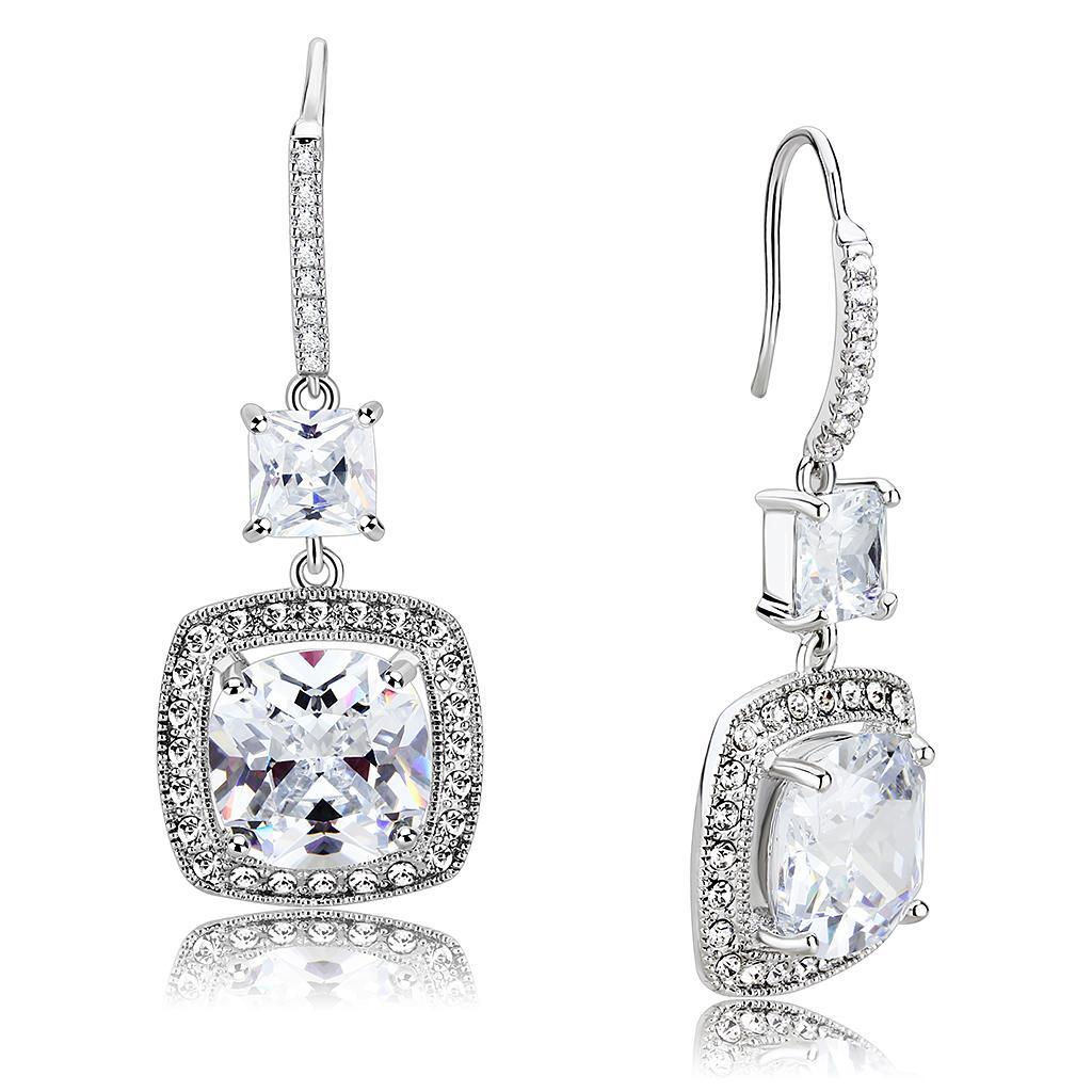 3W1477 - Rhodium Brass Earrings with AAA Grade CZ  in Clear