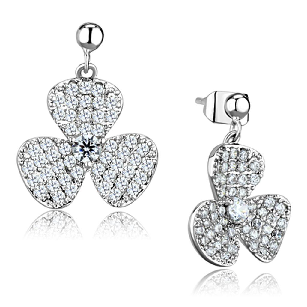 3W662 - Rhodium Brass Earrings with AAA Grade CZ  in Clear