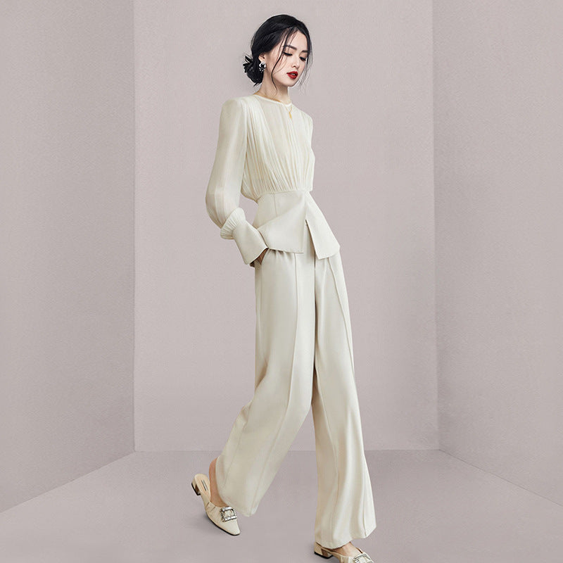 Slim Long Sleeve Top Temperament Slimming Wide-leg Pants Two-piece Set