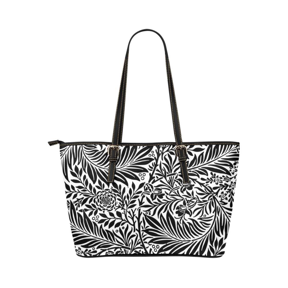 Large Leather Tote Shoulder Bag - Black And White Tropical Pattern