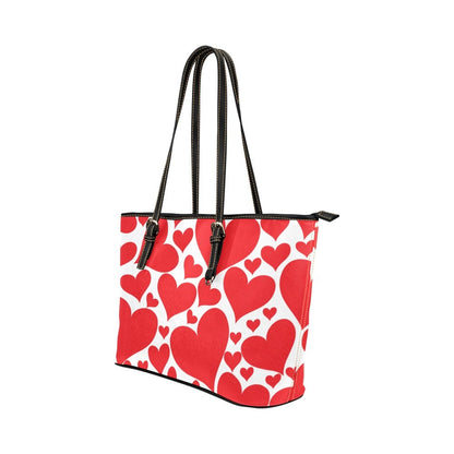 Large Leather Tote Shoulder Bag -  With Black Handle Love Red Hearts