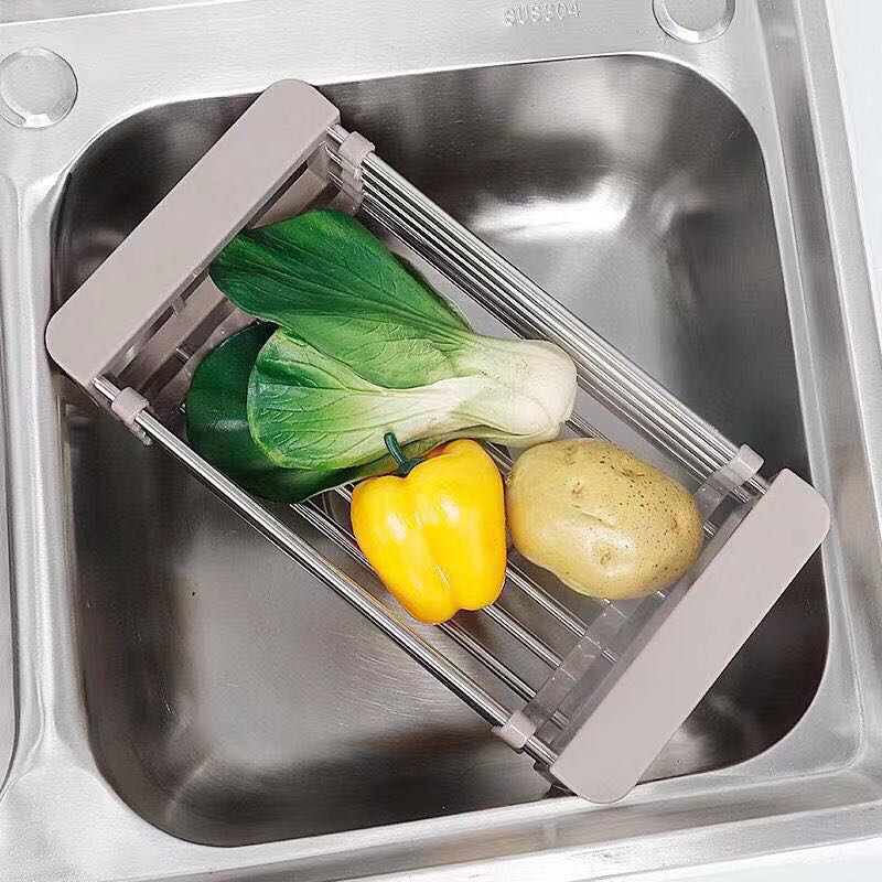 Stainless Steel Adjustable Telescopic Kitchen Over Sink Dish Drying Rack Insert Storage Organizer Fruit Vegetable Tray Drainer