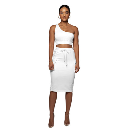 Summer Solid Color One-shoulder Vest Mid-waist Hip Skirt Women&