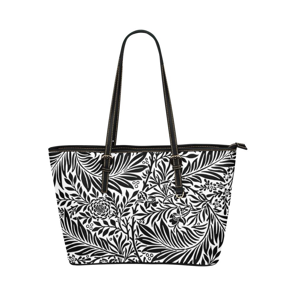 Large Leather Tote Shoulder Bag - Black And White Tropical Pattern