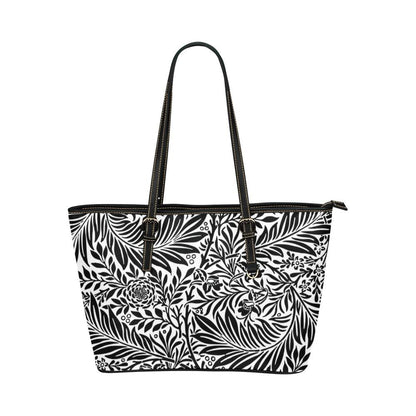 Large Leather Tote Shoulder Bag - Black And White Tropical Pattern