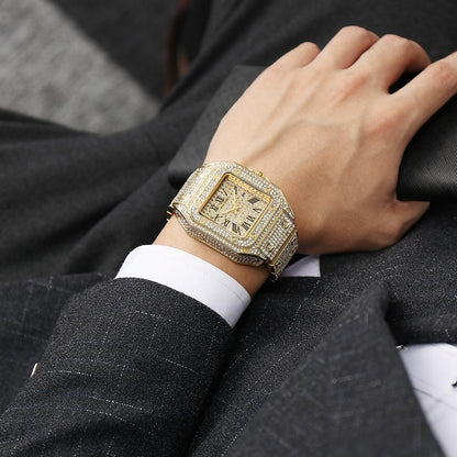 Hip Hop Iced Out Men Watch Square Diamond Quartz Luxury Mens Wrist Watches Gold Roman Calendar Steel Clock Relogio Masculino