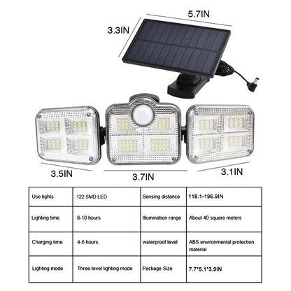 Solarsensorlamp 122 LED 3-kops buitenspot met 3 standen