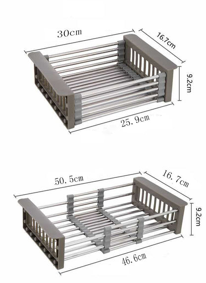 Stainless Steel Adjustable Telescopic Kitchen Over Sink Dish Drying Rack Insert Storage Organizer Fruit Vegetable Tray Drainer