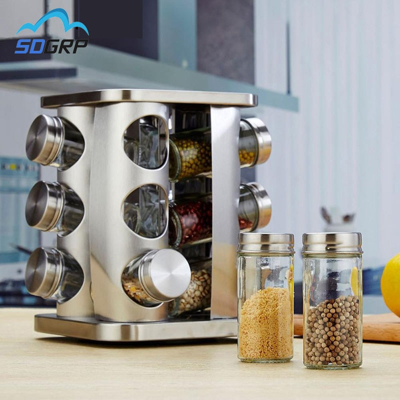 12Pc Kitchen Spice Jars Storage Rotatable Base Stainless Steel Jar Glass Spice Jar Salt Shaker and Pepper Sprays Organizer Set