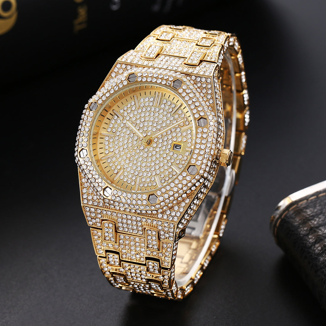 Mode Rap Ice Hip Hop volledig diamanten quartz herenhorloge met grote wijzerplaat