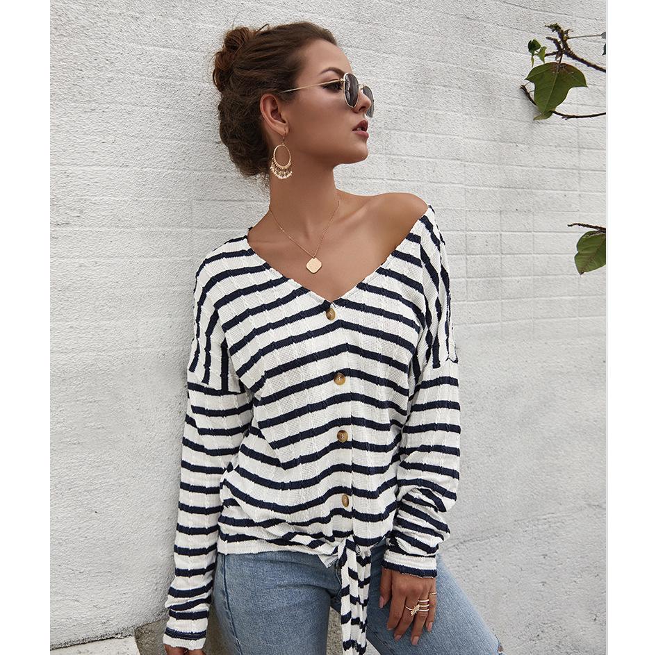 V-neck Striped Long Sleeve Knitwear