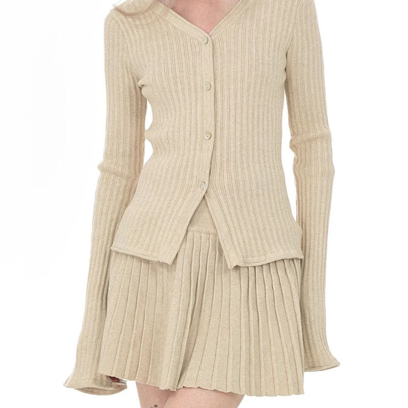 Solid Color Slim Fit Waist Trimming Knitted Cardigan Sweater Loose-fitting Pleated Short Skirt Two-piece Suit