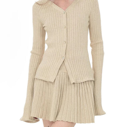 Solid Color Slim Fit Waist Trimming Knitted Cardigan Sweater Loose-fitting Pleated Short Skirt Two-piece Suit