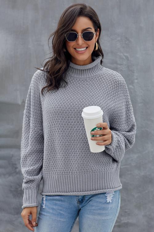 New Gray Chunky Batwing Long Sleeve Turtleneck Sweater