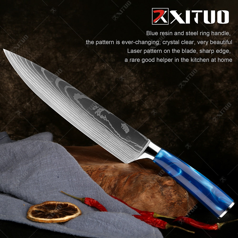 XITUO kitchen knives Set Exquisite blue resin handle Laser Damascus pattern Chef knife Santoku Cleaver Slicing Knives Best Gift